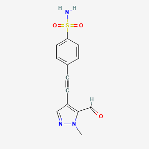 molecular formula C13H11N3O3S B8294571 4-[(5-Formyl-1-methyl-1H-pyrazol-4-yl)ethynyl]benzenesulfonamide 