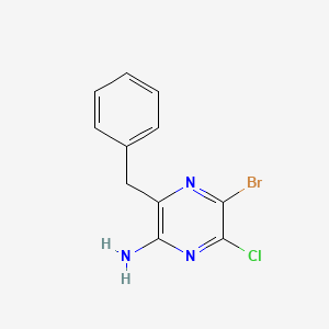 molecular formula C11H9BrClN3 B8294659 2-Amino-3-benzyl-5-bromo-6-chloropyrazine 