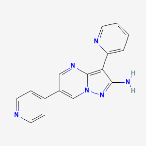 molecular formula C16H12N6 B8294965 3-Pyridin-2-yl-6-pyridin-4-yl-pyrazolo[1,5-a]pyrimidin-2-ylamine 