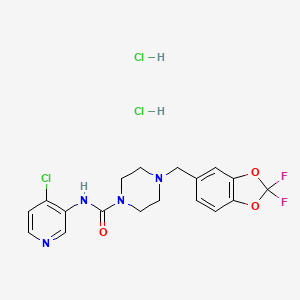 molecular formula C18H19Cl3F2N4O3 B8295929 1-Piperazinecarboxamide, N-(4-chloro-3-pyridinyl)-4-((2,2-difluoro-1,3-benzodioxol-5-yl)methyl)-, hydrochloride (1:2) CAS No. 1346528-51-5