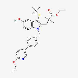 molecular formula C33H40N2O4S B8297749 1H-Indole-2-propanoic acid, 3-[(1,1-dimethylethyl)thio]-1-[[4-(6-ethoxy-3-pyridinyl)phenyl]methyl]-5-hydroxy-alpha,alpha-dimethyl-, ethyl ester 