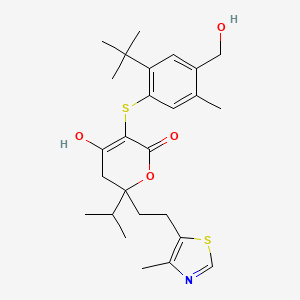 molecular formula C26H35NO4S2 B8299510 5-[2-tert-butyl-4-(hydroxymethyl)-5-methyl-phenyl]sulfanyl-4-hydroxy-2-isopropyl-2-[2-(4-methylthiazol-5-yl)ethyl]-3H-pyran-6-one 