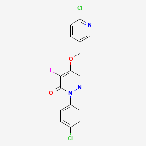 molecular formula C16H10Cl2IN3O2 B8300427 3(2H)-Pyridazinone, 2-(4-chlorophenyl)-5-((6-chloro-3-pyridinyl)methoxy)-4-iodo- CAS No. 122322-23-0