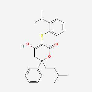 molecular formula C25H30O3S B8300775 5,6-Dihydro-4-hydroxy-6-(3-methylbutyl)-6-phenyl-3-(2-isopropyl-phenylthio)-2H-pyran-2-one 