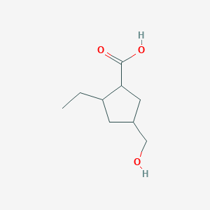 molecular formula C9H16O3 B8301491 2-Ethyl-4-(hydroxymethyl)cyclopentanecarboxylic acid 