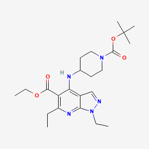 molecular formula C23H35N5O4 B8302291 Ethyl 4-[(1-{[(1,1-dimethylethyl)oxy]carbonyl}-4-piperidinyl)amino]-1,6-diethyl-1H-pyrazolo[3,4-b]pyridine-5-carboxylate 