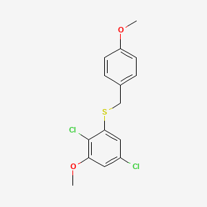molecular formula C15H14Cl2O2S B8304912 2,5-Dichloro-1-methoxy-3-((4-methoxybenzyl)sulfanyl)benzene 