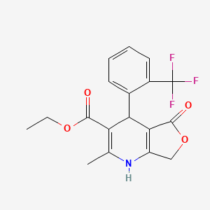molecular formula C18H16F3NO4 B8305824 Furo(3,4-b)pyridine-3-carboxylic acid, 1,4,5,7-tetrahydro-2-methyl-5-oxo-4-(2-(trifluoromethyl)phenyl)-, ethyl ester CAS No. 85615-21-0
