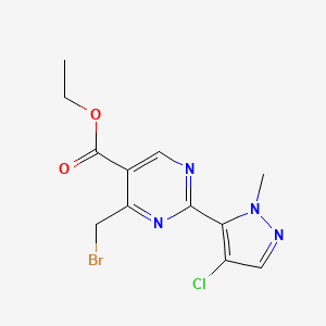molecular formula C12H12BrClN4O2 B8311186 ethyl 4-(bromomethyl)-2-(4-chloro-1-methyl-1H-pyrazol-5-yl)pyrimidine-5-carboxylate 