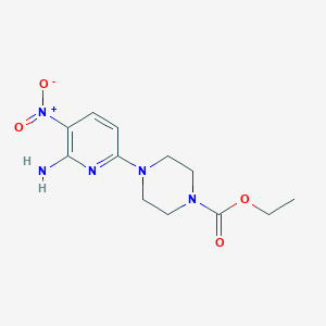 molecular formula C12H17N5O4 B8311447 5-Nitro-6-amino-2-(4-ethoxycarbonyl-1-piperazinyl)pyridine 
