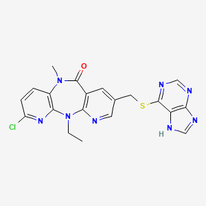 molecular formula C20H17ClN8OS B8311624 5-chloro-2-ethyl-9-methyl-13-[(1H-purin-6-ylsulfanyl)methyl]-2,4,9,15-tetraazatricyclo[9.4.0.0^{3,8}]pentadeca-1(11),3,5,7,12,14-hexaen-10-one 