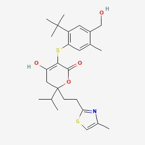 molecular formula C26H35NO4S2 B8313329 5-[2-tert-butyl-4-(hydroxymethyl)-5-methyl-phenyl]sulfanyl-4-hydroxy-2-isopropyl-2-[2-(4-methylthiazol-2-yl)ethyl]-3H-pyran-6-one 