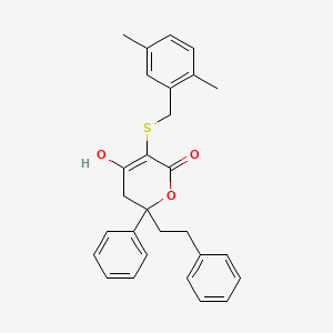molecular formula C28H28O3S B8314895 5,6-Dihydro-4-hydroxy-3-[(2,5-dimethylphenyl)methylthio]-6-phenyl-6-(2-phenylethyl)-2H-pyran-2-one 