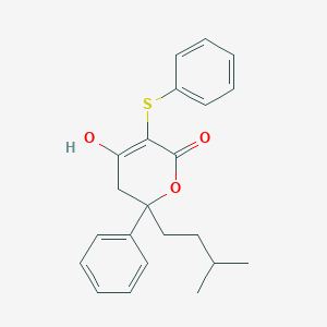 molecular formula C22H24O3S B8320081 4-hydroxy-2-isopentyl-2-phenyl-5-phenylsulfanyl-3H-pyran-6-one 