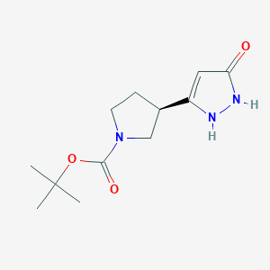 molecular formula C12H19N3O3 B8322155 (R)-3-(5-hydroxy-1H-pyrazol-3-yl)-pyrrolidine-1-carboxylic acid tert-butyl ester 
