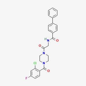 molecular formula C26H23ClFN3O3 B8322689 Biphenyl-4-carboxylicacid {2-[4-(2-chloro-4-fluoro-benzoyl)-piperazin-1-yl]-2-oxo-ethyl}-amide 