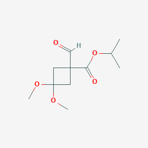 molecular formula C11H18O5 B8323873 Isopropyl 1-formyl-3,3-dimethoxycyclobutanecarboxylate 