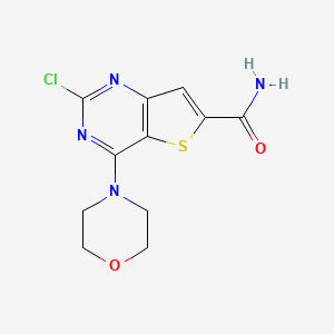 molecular formula C11H11ClN4O2S B8324362 2-Chloro-4-morpholinothieno[3,2-d]pyrimidine-6-carboxamide 