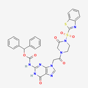 molecular formula C32H26N8O7S2 B8327054 Benzhydryl (9-(2-(4-(benzo[d]thiazol-2-ylsulfonyl)-3-oxopiperazin-1-yl)-2-oxoethyl)-6-oxo-6,9-dihydro-1H-purin-2-yl)carbamate 