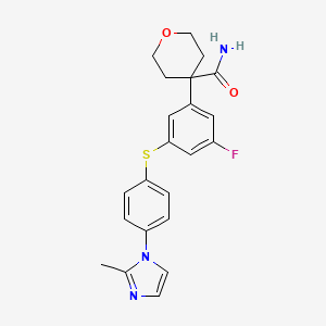 molecular formula C22H22FN3O2S B8338395 4-[3-Fluoro-5-[[4-(2-methyl-1H-imidazol-1-yl)phenyl]thio]phenyl]tetrahydro-2H-pyran-4-carboxamide 