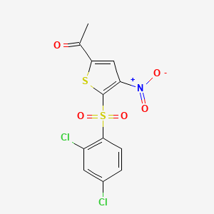 molecular formula C12H7Cl2NO5S2 B8339619 1-[5-(2,4-Dichlorophenyl)sulfonyl-4-nitro-2-thienyl]ethanone 