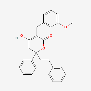 molecular formula C27H26O4 B8342706 4-hydroxy-5-[(3-methoxyphenyl)methyl]-2-phenethyl-2-phenyl-3H-pyran-6-one 