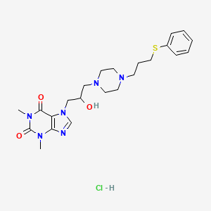 molecular formula C23H33ClN6O3S B8346364 1H-Purine-2,6-dione, 3,7-dihydro-1,3-dimethyl-7-(2-hydroxy-3-(4-(3-(phenylthio)propyl)-1-piperazinyl)propyl)-, dihydrochloride 