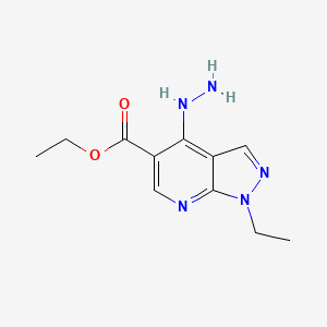 molecular formula C11H15N5O2 B8347126 1-Ethyl-4-hydrazino-1H-pyrazolo[3,4-b]pyridine-5-carboxylic acid ethyl ester 