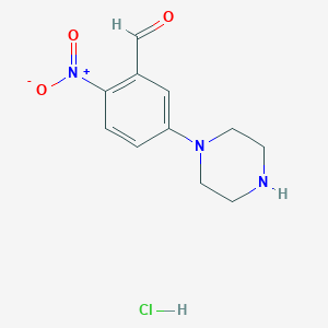 molecular formula C11H14ClN3O3 B8348283 2-Nitro-5-piperazinylbenzaldehyde hydrochloride 