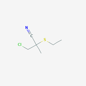 molecular formula C6H10ClNS B8348550 3-Chloro-2-ethylsulfanyl-2-methylpropanenitrile 