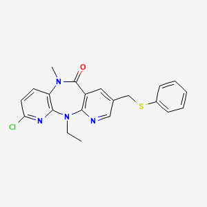 molecular formula C21H19ClN4OS B8348577 5-Chloro-2-ethyl-9-methyl-13-[(phenylsulfanyl)methyl]-2,4,9,15-tetraazatricyclo[9.4.0.0^{3,8}]pentadeca-1(15),3(8),4,6,11,13-hexaen-10-one 