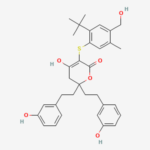 molecular formula C33H38O6S B8348968 3-(2-tert-Butyl-4-hydroxymethyl-5-methylphenylsulfanyl)-4-hydroxy-6,6-bis[2-(3-hydroxyphenyl)ethyl]-5,6-dihydropyran-2-one 