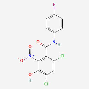 molecular formula C13H7Cl2FN2O4 B8350914 4,6-dichloro-N-(4-fluorophenyl)-3-hydroxy-2-nitrobenzamide 