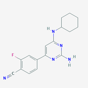 molecular formula C17H18FN5 B8353161 4-[2-Amino-6-(cyclohexylamino)-4-pyrimidinyl]-2-fluorobenzonitrile 