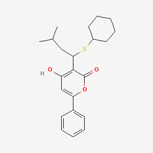 molecular formula C22H28O3S B8353823 3-(1-Cyclohexylsulfanyl-3-methyl-butyl)-4-hydroxy-6-phenyl-pyran-2-one 