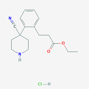 molecular formula C17H23ClN2O2 B8354560 Ethyl 3-(2-(4-cyanopiperidin-4-yl)phenyl)propanoate hydrochloride 