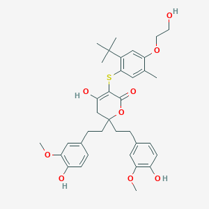 molecular formula C36H44O9S B8356438 5-[2-tert-butyl-4-(2-hydroxyethoxy)-5-methyl-phenyl]sulfanyl-4-hydroxy-2,2-bis[2-(4-hydroxy-3-methoxy-phenyl)ethyl]-3H-pyran-6-one 
