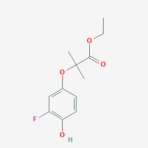 molecular formula C12H15FO4 B8356843 2-(3-Fluoro-4-hydroxy-phenoxy)-2-methyl-propionic acid ethyl ester 