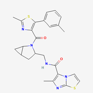 molecular formula C25H25N5O2S2 B8359104 Imidazo[2,1-b]thiazole-5-carboxamide, 6-methyl-N-[[(1S,3S,5S)-2-[[2-methyl-5-(3-methylphenyl)-4-thiazolyl]carbonyl]-2-azabicyclo[3.1.0]hex-3-yl]methyl]- 
