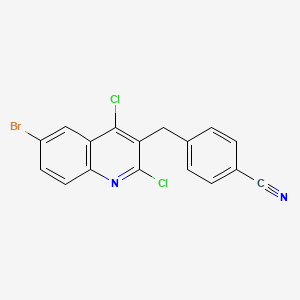 molecular formula C17H9BrCl2N2 B8361190 4-((6-Bromo-2,4-dichloroquinolin-3-yl)methyl)benzonitrile 