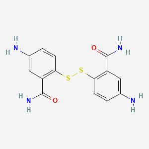 molecular formula C14H14N4O2S2 B8364547 5-Amino-2-[(4-amino-2-carbamoylphenyl)disulfanyl]benzamide 