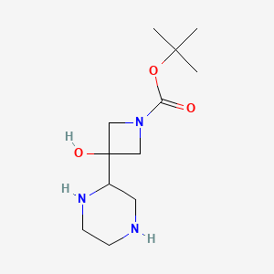 molecular formula C12H23N3O3 B8365018 1,1-Dimethylethyl 3-hydroxy-3-piperazin-2-ylazetidine-1-carboxylate 