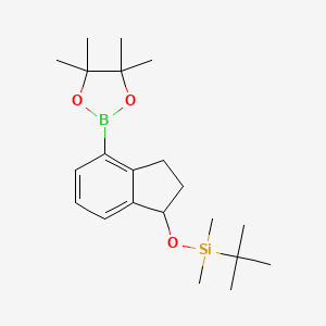 molecular formula C21H35BO3Si B8371248 tert-butyldimethyl((4-(4,4,5,5-tetramethyl-1,3,2-dioxaborolan-2-yl)-2,3-dihydro-1H-inden-1-yl)oxy)silane 