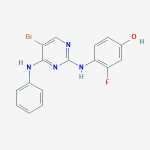 molecular formula C16H12BrFN4O B8372379 4-Anilino-5-bromo-2-(2-fluoro-4-hydroxyanilino)pyrimidine 