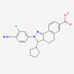 molecular formula C24H22ClN3O2 B8374075 (+/-)(3SR,3aRS)-2-(3-chloro-4-cyanophenyl)-3-cyclopentyl-3,3a,4,5-tetrahydro-2H-benzo[g]indazole-7-carboxylic acid 