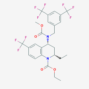 molecular formula C26H25F9N2O4 B8377872 cis-4-[(3,5-Bis-trifluoromethyl-benzyl)-methoxycarbonyl-amino]-2-ethyl-6-trifluoromethyl-3,4-dihydro-2H-quinoline-1-carboxylic Acid Ethyl Ester 