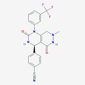 molecular formula C21H16F3N5O2 B8379111 4-[(4r)-7-Methyl-2,5-Bis(Oxidanylidene)-1-[3-(Trifluoromethyl)phenyl]-3,4,6,8-Tetrahydropyrimido[4,5-D]pyridazin-4-Yl]benzenecarbonitrile 