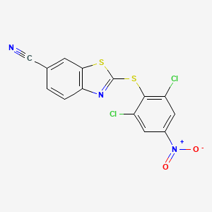 molecular formula C14H5Cl2N3O2S2 B8379332 2-(2,6-Dichloro-4-nitro-phenylsulfanyl)-benzothiazole-6-carbonitrile 