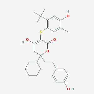 molecular formula C30H38O5S B8379604 3-(2-tert-Butyl-4-hydroxy-5-methylphenylsulfanyl)-6-cyclohexyl-4-hydroxy-6-[2-(4-hydroxyphenyl)ethyl]-5,6-dihydropyran-2-one 