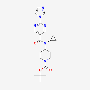 molecular formula C21H28N6O3 B8382705 4-[Cyclopropyl-(2-imidazol-1-yl-pyrimidine-5-carbonyl)-amino]-piperidine-1-carboxylic acid tert-butyl ester 